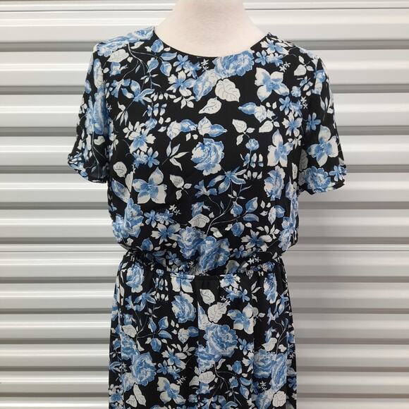 Creative Concepts Dress Women's Medium Black Blue Floral Short Sleeve Open Back - Picture 3 of 12